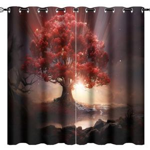 AEMYSKA Vintage bos thermisch geïsoleerde kamer verduistering slaapkamer gordijnen fantasie bomen rode wilde planten print doorvoertule venster gordijn panelen/gordijnen 160 x 160 cm