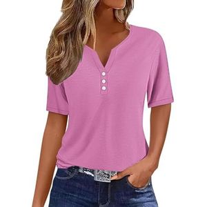 Notch-T-shirts met V-hals voor vrouwen, casual trendy T-shirts met knopen, blouse Henley T-shirt, korte mouwen, zomertops, uitverkoop, modieuze damestops, UK, roze, 3XL