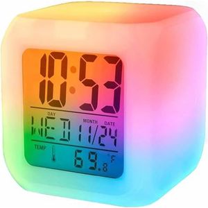 Retoo Digitale wekker, wekker voor kinderen, 7-kleurige reiswekker, led-display met temperatuur, datum, snooze voor kinderen, jongens, meisjes, lichtwekker voor bureau