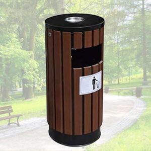 Outdoor geclassificeerde vuilnisbak, duurzame stalen prullenbak met houten paneel, ronde afvalcontainer, enkele ton, 30 liter grote capaciteit afvalinzameling (Color : Brown)
