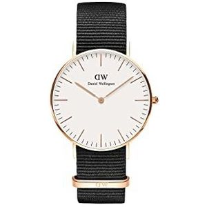Daniel Wellington Classic Cornwall, zwart/roségoud horloge, 36 mm, NATO, voor dames en heren, roségoud/ivoorwit., 36mm, armband