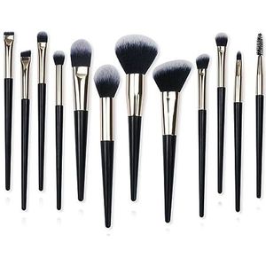 Make-upborstels, Blush-borstel, Make-upborstelset, Make-upborstels, 12-delige make-upborstel Volledige set make-upgereedschapset Zwart goud Draagbare make-upborstel for zacht haar