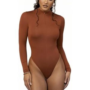 Brons Rongseng Body dames lang mouwen elegante bodysuit tops voor vrouwen, smalle onderbody met ritssluiting stretch