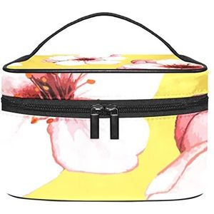 Roze kersenbloesem bloem gele achtergrond make-up tas voor vrouwen meisjes cosmetische tassen met handvat reizen make-up organizer tas, Roze kersenbloesem bloem gele achtergrond, 8.9x5.9x5.4 Inches, Make-up zakje