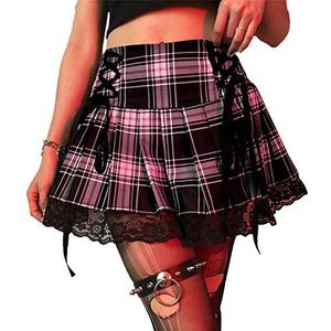 SIPEIEN Dames Geplooide Gothic Mini A-lijn Rok Lace Up Rok Sexy Hoge Taille Plaid Bandage Skater Rokken, roze, L