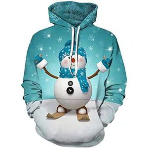 PRJN 3D-print hoodie kerst sneeuwman vrouwen kerst trui sweatshirts heren 3D print nieuwigheid kerstboom trui met grote voorzak 3D sneeuwpop digitale print losse capuchon sweatshirt, C-Blauw, M