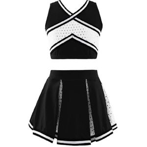 Cheerleader-uniformen voor meisjes, cheerleader-kostuum, danskleding voor schoolmeisjes, mouwloos bovendeel + rok, paillettenpak voor kinderen (kleur: zwart, maat:
