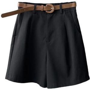 Vintage Eenvoudige Hoge Taille Vijf Punt Broek Vrouwen met Riem Brede Been Knielengte Broek Comfort Lange Shorts, Zwart, XXL