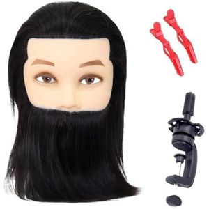 Mannequinhoofd van menselijk haar met haarbaard oefenpop kapperscosmetologie opleidingspop hoofd for haarstyling(Black head with gift)