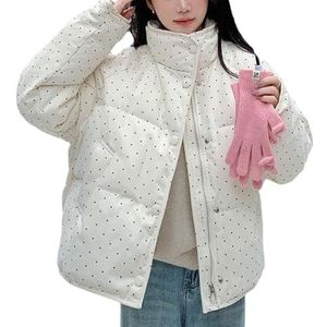 Dames Gewatteerde Jas Met Stippen, Retro Bloemenprint, Korte Jas Met Opstaande Kraag en Warme Parka(White,S)