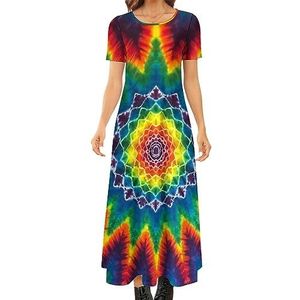 Mandala Tie Dye dames zomer casual korte mouwen maxi-jurk ronde hals bedrukte lange jurken 7XL