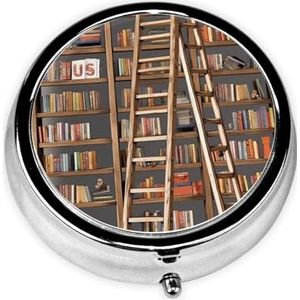 Ronde pillenetui voor portemonnee of zak, 2 compartimenten, medicijnpillendoos, draagbare kleine pillenorganizer, grappige boekenplanken, collectie en ladder, pillendoos, reisgeneeskunde, vitamine