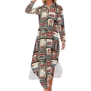 Stempels met The Union Jack Maxi-jurk voor dames, lange mouwen, knoopsluiting, casual feestjurk, lange jurk, L