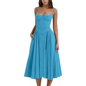 ZZMUYUAN Vintage korset voor dames, bloemenjurk, elegante spaghettiband, bustier midi-jurk met zakken, Blauw, XL