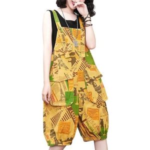 QOUERUUE Dames Zomer Print Denim Korte Overalls Casual Losse Wijde Pijpen Jeans Jumpsuit Rompertjes Broek,Geel,L