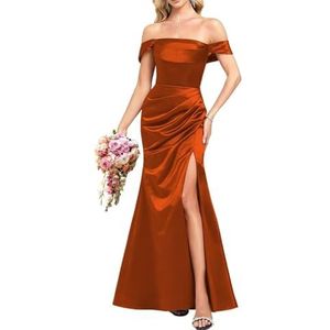 YIANN Satijnen baljurken met split voor dames, mouwloos, lang, formele avondjurk, Oranje, 32