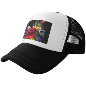 MDATT Mannen Vrouwen gewassen verstelbare papa hoed voor buiten, platte snavel snapback met hoge paardenstaart ontwerp, kleurrijke lente kikker bloem print, Zwart, Eén Maat