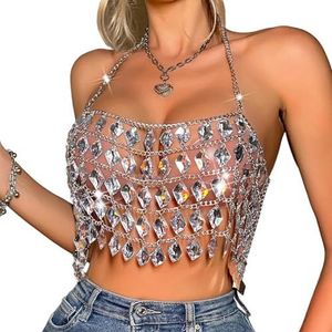 CakfLjkhl Dames Glitter Rhinestone Crop Top Halter Doorzichtige Hollow Out Sparkle Party Club Tops,Zilver,L