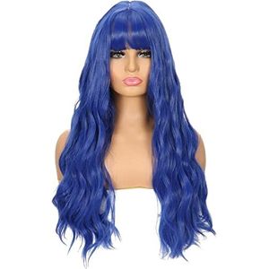 DieffematicJF Pruik Wig With Bangs, Female Blue Wig, Long Curly Hair