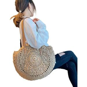 Strotas ronde strostrandtas grote vintage dames stof bastcirkel tassen rotan tassen boho tassen voor de Boheemse zomervakantie stro tas dames, Beige S, Eén maat