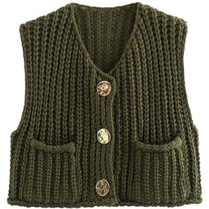 Womens Chunky Knit Crop Sweater Vest Casual,Crop Chunky Crochet Vest Tops Trendy Casual Sleeveless Knit Sweater Vest Cardigan (X-Small,Army Green)