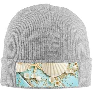 ESASAM Ocean Sea Beach Seashells Zeester Blauw Gebreide Hoed - Acryl Gebreide Beanie met Geribbelde Textuur - Gezellige Winter Hoofddeksels Gebreide Hoed Warme Cap Geïsoleerde Hoed Outdoor