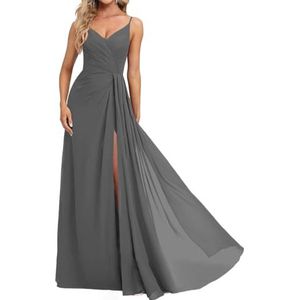 Prinses Bruidsmeisjes Jurken Spaghetti Bandjes Galajurken Chiffon Formele Avondfeest Maxi Jurk met Split ZM210, Gery, 32