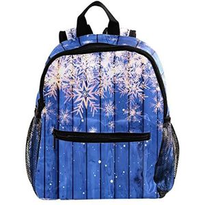Leuke Mode Mini Rugzak Pack Bag Kerst Sneeuwvlokken op Blauwe Houten Achtergrond, Meerkleurig, 25.4x10x30 CM/10x4x12 in, Rugzak Rugzakken