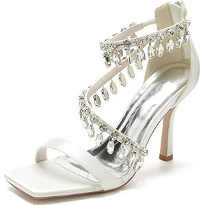 GHSIRUEU Womens Hoge Stiletto Hakken Open Vierkante Teen Hakken Sandalen Rits Terug Bruiloft Bruids Pumps Schoenen,ivoor,38 EU