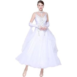 Nationale Standaarddanswedstrijdjurken Hoogwaardig Professionele Balzaal Danskleding Voor Vrouwen Mesh Lange Mouwen Wals Prestatie Kostuum Met Strass,Wit,3XL