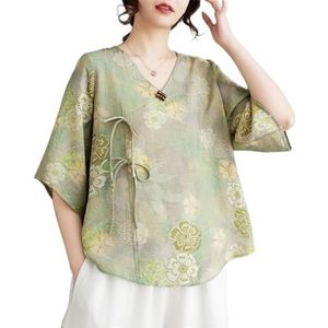 2024 Retro Etnische Stijl Chinese Top Dames Klassieke V-hals Halve Mouw Losse Shirts Zomer Cool Comfort Flowy Blouse(Size:L)