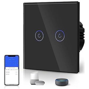 BSEED Smart WiFi-aanraaksensorschakelaar (neutrale lijn nodig) Alexa en Google Home Werken met Tuya voor kantoordecoratie Kristalglaspaneel Wandlichtschakelaars 2 Gang 1 Wag Black