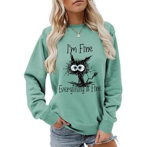 MLZHAN I'm Fine Everything Is Fine Halloween Sweatshirt Vrouwen Grappige Explod Cat Print Shirts Lange Mouw Pullover Sweatshirts (Lichtgroen, XXL), Lichtgroen, XXL