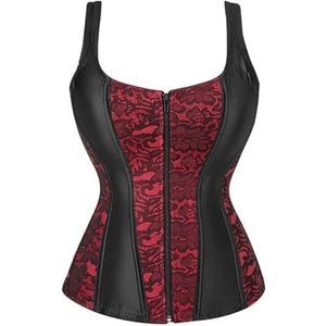 DUNSBY Dameskorsetten dames korset met bandjes zwart overbuste korset grote maat bloemen jacquard korset rits top steampunk korset top voor vrouwen (kleur: rood, maat: XXL)