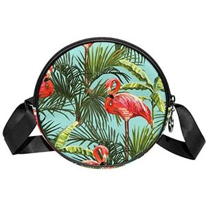 Ronde Crossbody Tas Flamingos Palm Leaves Messenger Bag Purse voor Vrouwen, Meerkleurig, 6.7x6.7x2.3 in, Sling Rugzakken
