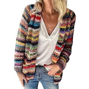 Sawmew Dames regenboog gebreide vest trui Multicolor gestreepte lange mouw open front gebreide vest jas Y2K (Color : Red, Size : 3XL)