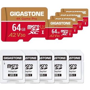 Gigastone Geheugenkaart, 64 GB, 5 stuks, 4K Game Pro, compatibel met GoPro Switch, snelheid 95 MB/s. A2 U3 V30 Micro SDXC-kaart met SD-adapter.