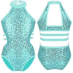 NUOYIXUAN Gymnastiekpak voor meisjes, met glanzende pailletten, danskleding, mouwloos, met uitsparing op de rug, met taillebanden, balletpak voor meisjes (mintgroen, 12)