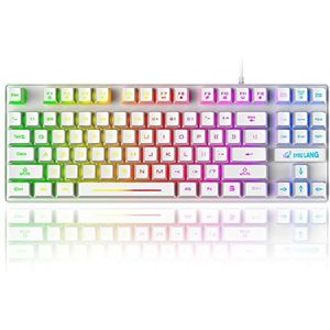 K16 Bedraad 87-toetsen Gaming Toetsenbord, Mechanisch Gevoel Regenboog LED-achtergrondverlichting Waterdicht Ergonomisch 16-Toetsen Anti-ghosting 75% PC-gamingtoetsenbord voor Win/Mac - Wit