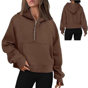 Vrouwen Cropped Hoodies Kwart Half Zip Cropped Hoodies Sweatshirts Zip Up Pullover Sweaters Duim Gat Workout Hoodie Zip Up (Color : Brown, Size : S)