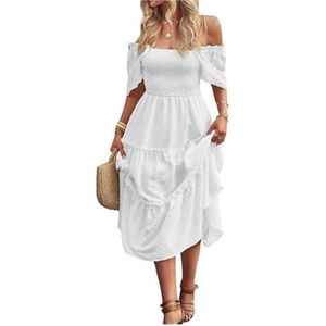 CHOYES A-lijn midi-jurk voor dames, vierkante hals, korte mouwen, zomerse swingjurk, Wit, XL