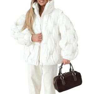 Geruite Gewatteerde Parka for Dames, Oversized Winterjas Met Geweven Kabelvoering en Dikke, Warme Katoenen Donsjas(White,XL)