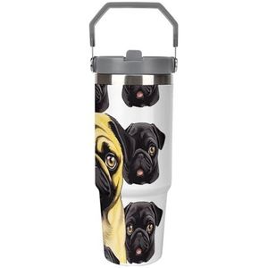 FZQVSGW 30 oz grote capaciteit autobeker met rietje zwart geel mopshond roestvrijstalen reismok - dubbelwandige vacuüm geïsoleerde beker, lekvrij, voor reizen, buiten en thuisgebruik