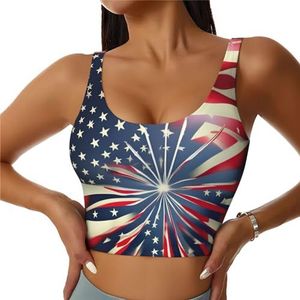 YQTGBCED Amerikaanse vlag vuurwerkprint gewatteerde tanktops met ingebouwde beha, perfect voor yoga, training en hardlopen, Zwart, S