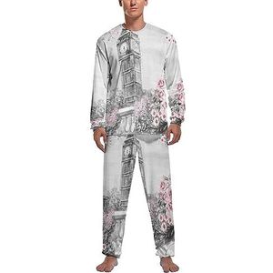 Britse Big Ben met roze bloemen zachte heren pyjama set comfortabele lange mouwen loungewear top en broek geschenken M