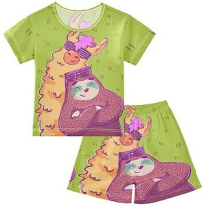 YOUJUNER Kinderpyjama set schattige cartoon lama luiaard T-shirt met korte mouwen zomer nachtkleding pyjama lounge wear nachtkleding voor jongens meisjes kinderen, Meerkleurig, 6 jaar
