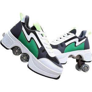 AXUIUVXZ Hardloopschoenen met wieltjes, gymschoenen, intrekbare technische skateboardschoenen, modieuze skateboardschoenen, rolschaatsen, outdoor-training, kinderen, tieners, groen, 38 EU