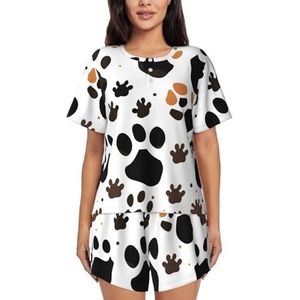 Animal Paw Prints Vrouwen Ronde Hals Korte Mouw Pyjama Set, Stijlvolle Comfortabele Hort Mouw Shorts Set, Zwart, XL