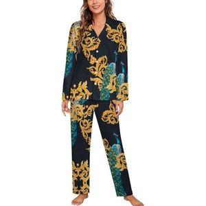 Aquarel Pauw Gouden Patroon Lange Mouw Pyjama Sets Voor Vrouwen Klassieke Nachtkleding Nachtkleding Zachte Pjs Lounge Sets
