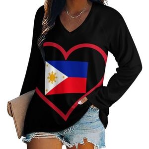 I Love Filippijnen Rood Hart Vrouwen Casual Lange Mouw T-shirts V-hals Gedrukt Grafische Blouses Tee Tops M